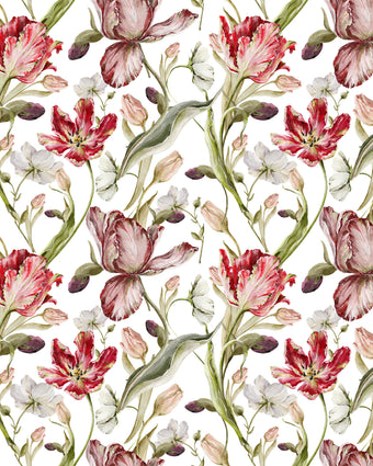 Floral wallpaper featuring hand painted tulips, buds, and delicate blossoms in berry, blush, cream, and soft green tones on a white background, inspired by classic botanical illustrations.