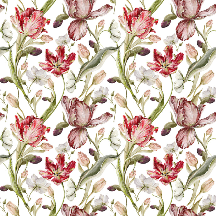 Floral wallpaper featuring hand painted tulips, buds, and delicate blossoms in berry, blush, cream, and soft green tones on a white background, inspired by classic botanical illustrations.