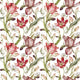 Floral wallpaper featuring hand painted tulips, buds, and delicate blossoms in berry, blush, cream, and soft green tones on a white background, inspired by classic botanical illustrations.