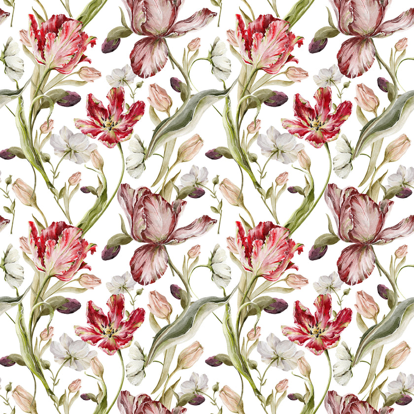 Floral wallpaper featuring hand painted tulips, buds, and delicate blossoms in berry, blush, cream, and soft green tones on a white background, inspired by classic botanical illustrations.