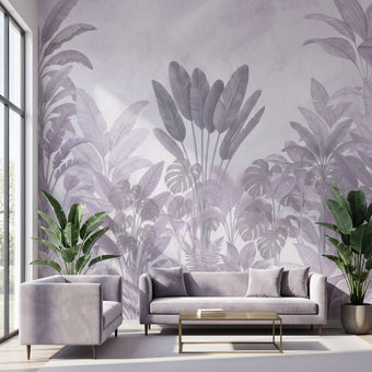 Vibrant tropical mural with purple flowers and lush greenery covering the entire wall in natural outdoor lighting.