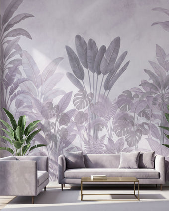 Vibrant tropical mural with purple flowers and lush greenery covering the entire wall in natural outdoor lighting.