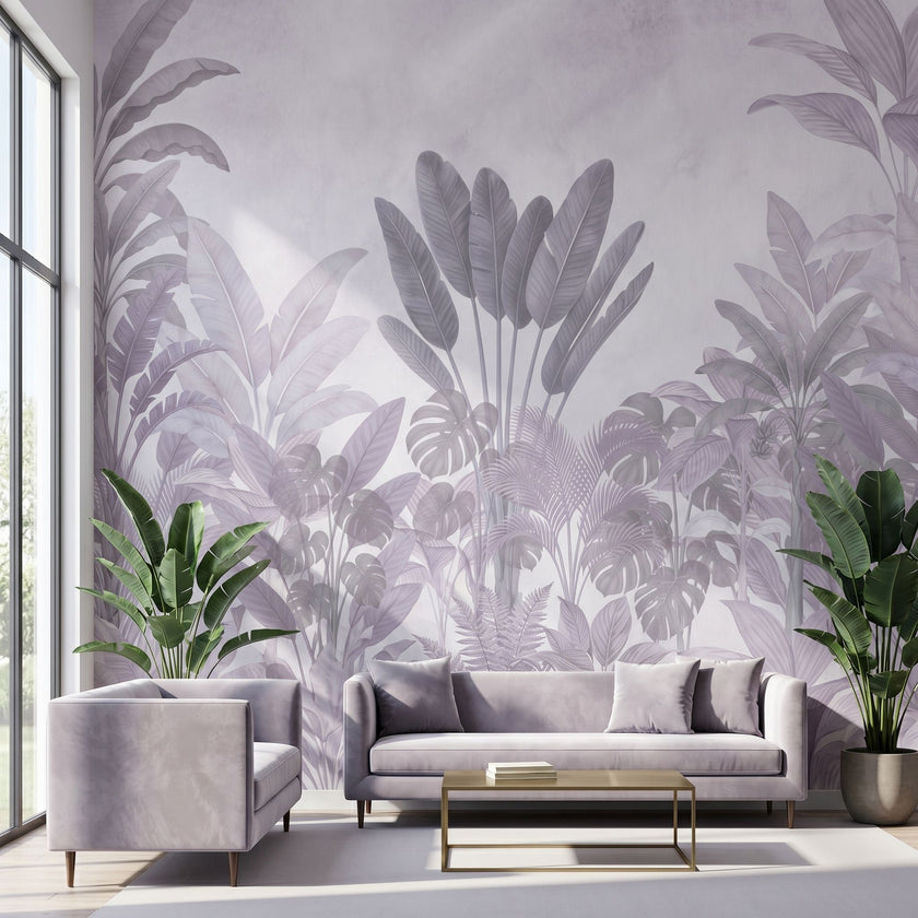 Vibrant tropical mural with purple flowers and lush greenery covering the entire wall in natural outdoor lighting.