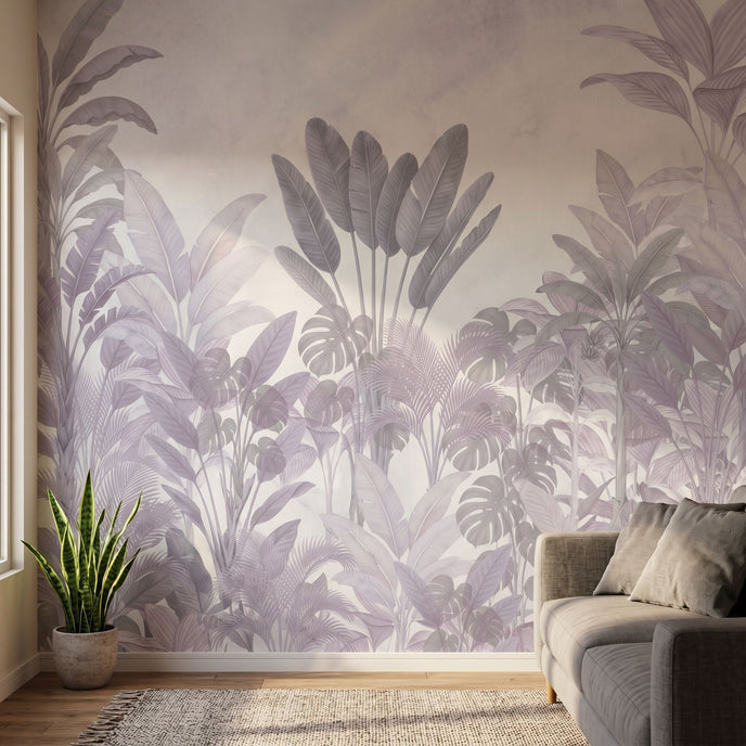 Seamless tropical paradise mural at twilight with purple florals and lush greenery covering the wall.