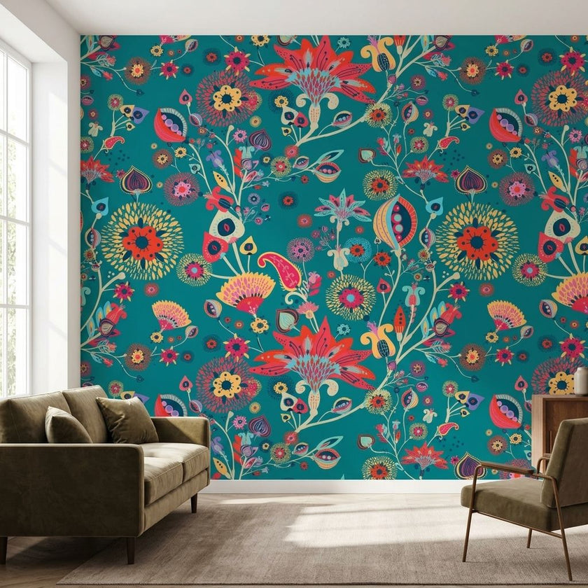 Large vibrant floral mural in turquoise and multicolored tones, filling a white wall in a modern living room with intricate details and natural light.