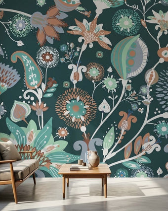 Vibrant teal floral mural seamlessly repeating across a large wall in a modern interior, enhancing space with detailed pattern and natural light.