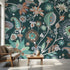 Vibrant teal floral mural seamlessly repeating across a large wall in a modern interior, enhancing space with detailed pattern and natural light.