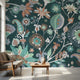 Vibrant teal floral mural seamlessly repeating across a large wall in a modern interior, enhancing space with detailed pattern and natural light.