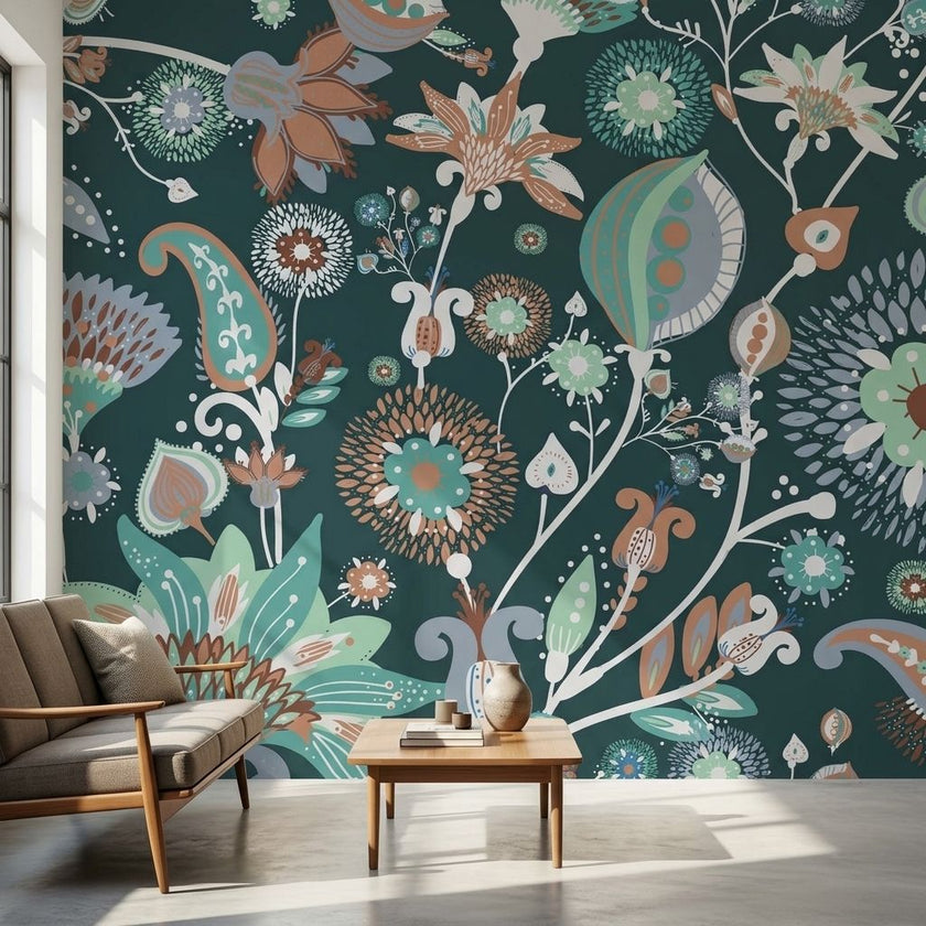Vibrant teal floral mural seamlessly repeating across a large wall in a modern interior, enhancing space with detailed pattern and natural light.