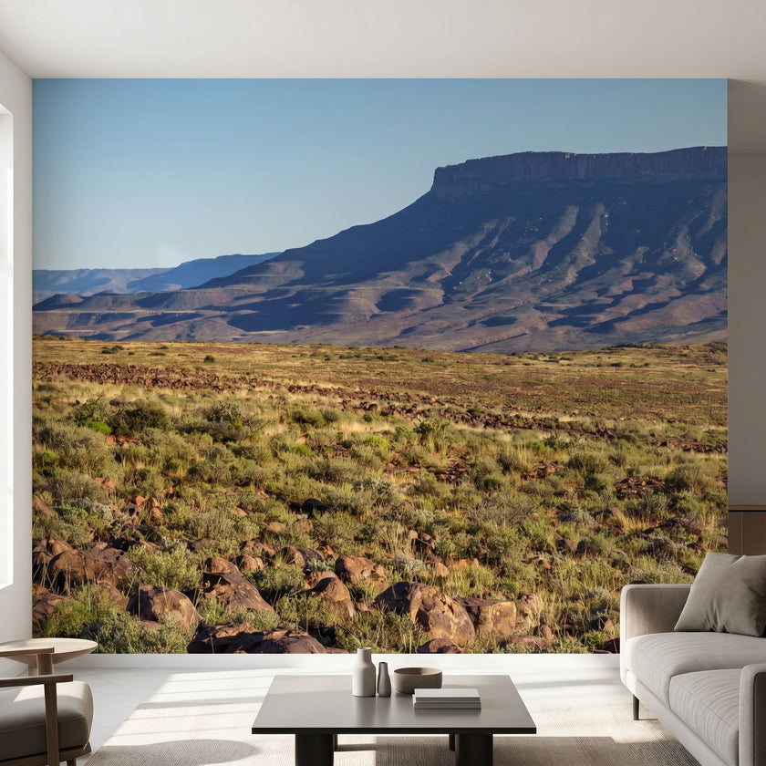 Full-wall mural featuring vibrant mountains, hills, and a tranquil lake, designed to cover entire wall space with natural lighting.