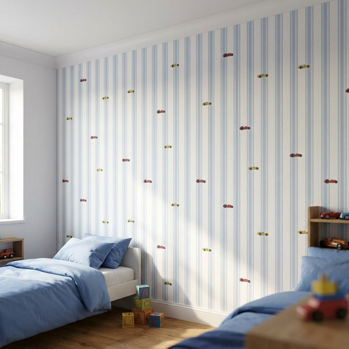 Vivid mural in a young boy's bedroom with blue, white, yellow, and red striped wallpaper featuring cars.