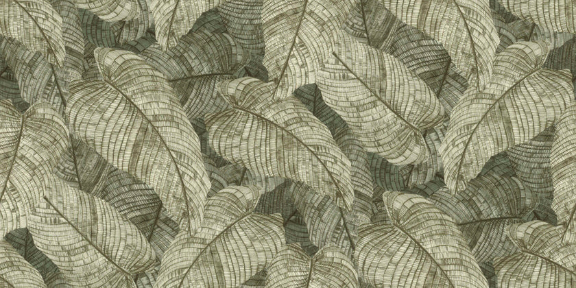Vintage botanical wallpaper featuring overlapping fern leaves in soft sage and olive green tones, creating a richly textured nature-inspired pattern.