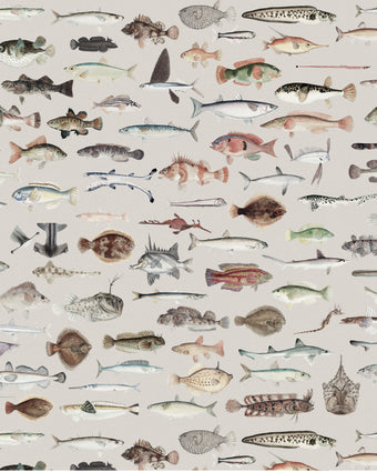 A repeating pattern of various illustrated fish in muted natural tones on a light warm grey background.