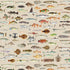 Vintage marine wallpaper with a seamless repeat, featuring antique style fish illustrations in soft natural tones, creating a timeless coastal look. Displayed on a wall in a coastal inspired living room. 