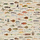 Vintage marine wallpaper with a seamless repeat, featuring antique style fish illustrations in soft natural tones, creating a timeless coastal look. Displayed on a wall in a coastal inspired living room. 