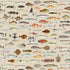 Vintage marine wallpaper with a seamless repeat, featuring antique style fish illustrations in soft natural tones, creating a timeless coastal look. Displayed on a wall in a coastal inspired living room. 