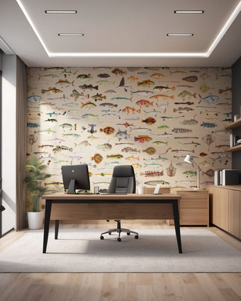 A modern office interior featuring a large wall mural covered in detailed illustrations of various fish species. The room includes a wooden desk with a black office chair, a computer monitor, a small potted plant, shelving, and a light coloured rug on a wooden floor.
