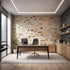 A modern office interior featuring a large wall mural covered in detailed illustrations of various fish species. The room includes a wooden desk with a black office chair, a computer monitor, a small potted plant, shelving, and a light coloured rug on a wooden floor.