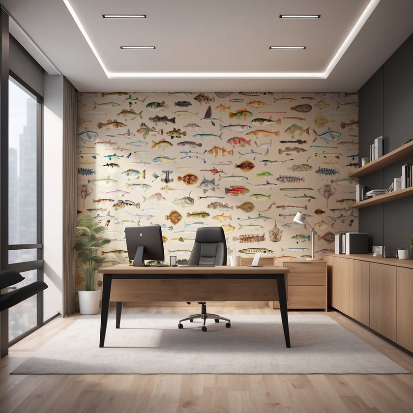 A modern office interior featuring a large wall mural covered in detailed illustrations of various fish species. The room includes a wooden desk with a black office chair, a computer monitor, a small potted plant, shelving, and a light coloured rug on a wooden floor.