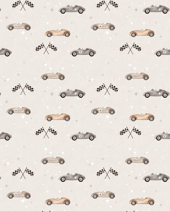 Vintage racing car wallpaper featuring classic race cars, checkered flags, and scattered stars in soft neutral colours, ideal for nurseries, kids' bedrooms, and playrooms.