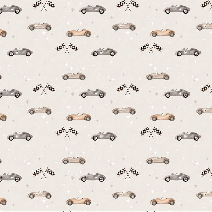 Vintage racing car wallpaper featuring classic race cars, checkered flags, and scattered stars in soft neutral colours, ideal for nurseries, kids' bedrooms, and playrooms.