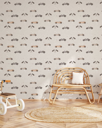 Vintage racing car wallpaper featuring classic race cars, checkered flags, and scattered stars in soft neutral colours, ideal for nurseries, kids' bedrooms, and playrooms.