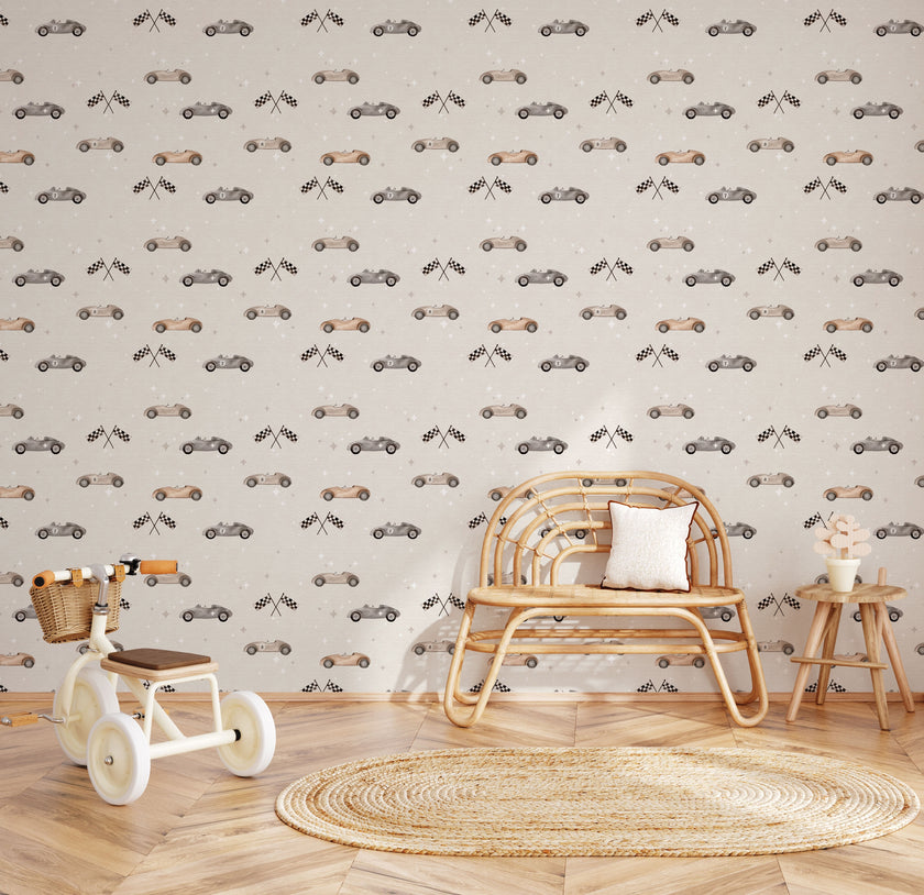 Vintage racing car wallpaper featuring classic race cars, checkered flags, and scattered stars in soft neutral colours, ideal for nurseries, kids' bedrooms, and playrooms.