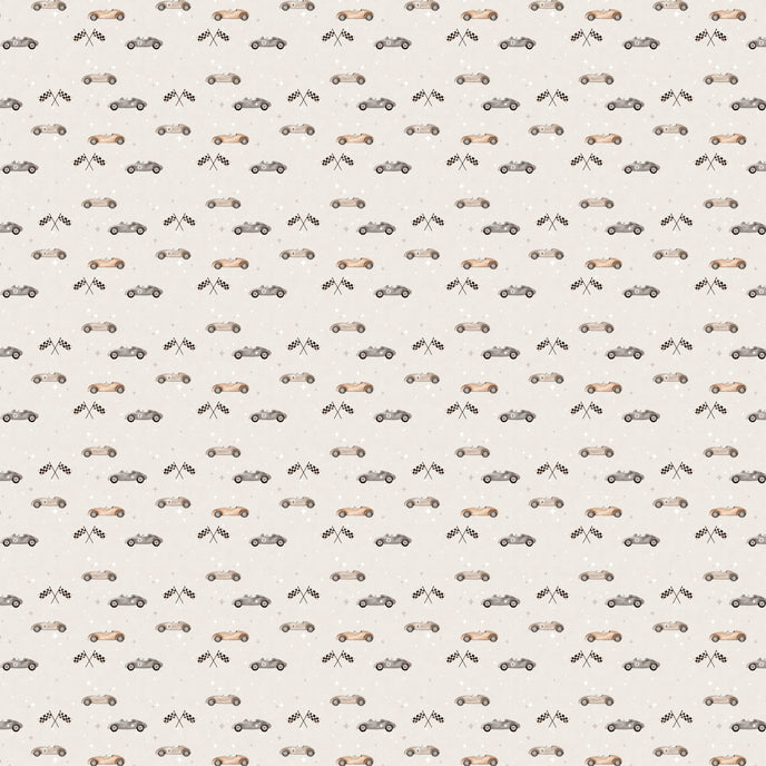 Vintage racing car wallpaper featuring classic race cars, checkered flags, and scattered stars in soft neutral colours, ideal for nurseries, kids' bedrooms, and playrooms.