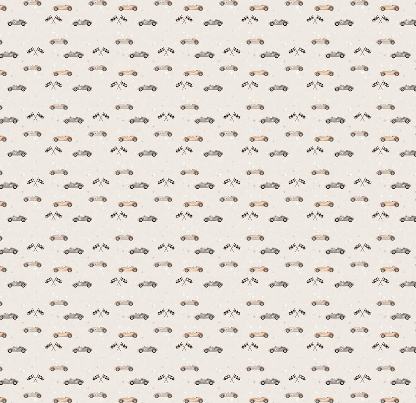 Vintage racing car wallpaper featuring classic race cars, checkered flags, and scattered stars in soft neutral colours, ideal for nurseries, kids' bedrooms, and playrooms.