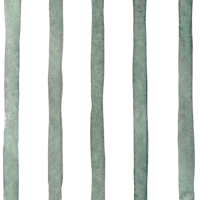 Sage green watercolour stripe wallpaper with a seamless repeat, featuring hand painted vertical stripes on a white background.