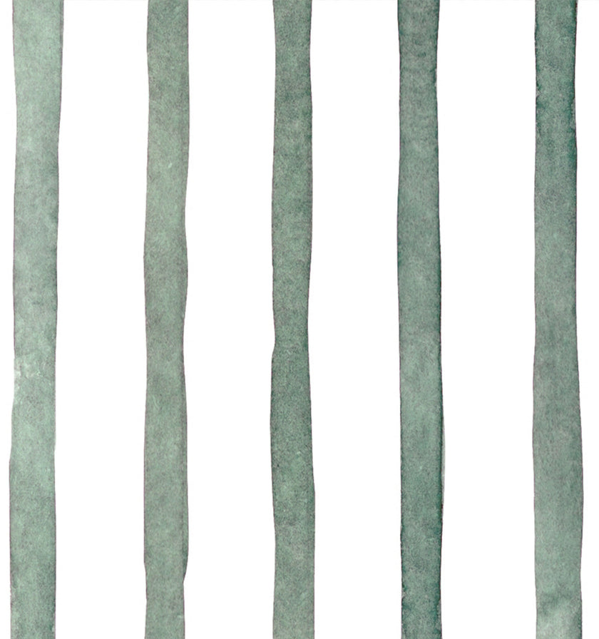 Sage green watercolour stripe wallpaper with a seamless repeat, featuring hand painted vertical stripes on a white background.