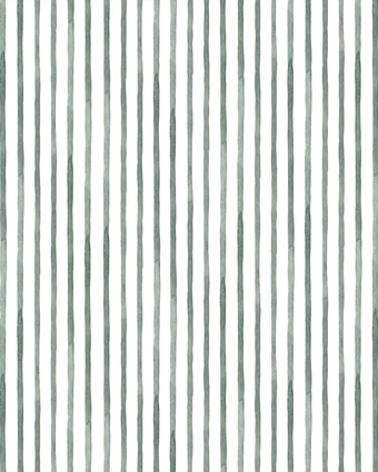 Sage green watercolour stripe wallpaper with a seamless repeat, featuring hand painted vertical stripes on a white background.