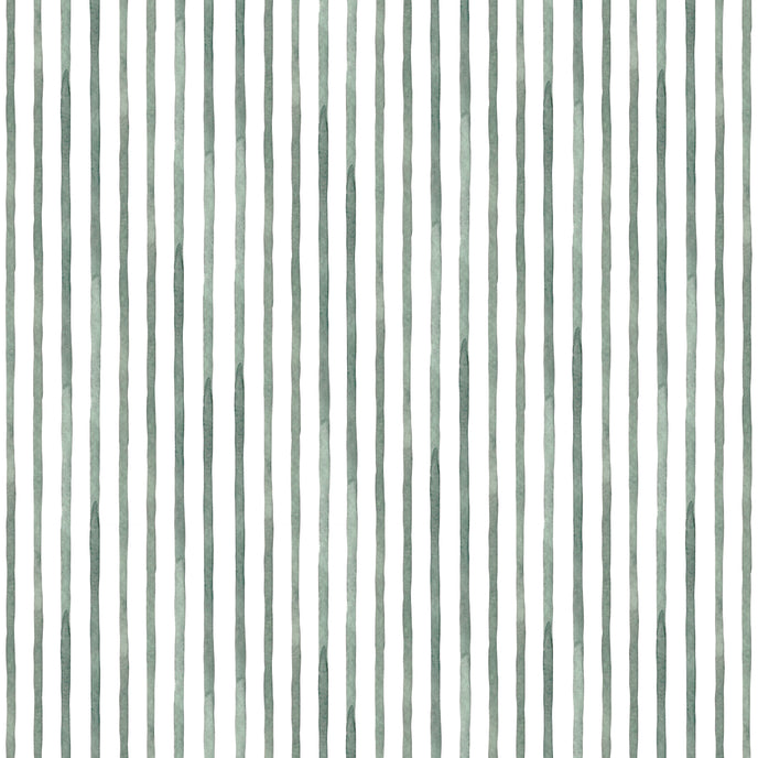 Sage green watercolour stripe wallpaper with a seamless repeat, featuring hand painted vertical stripes on a white background.