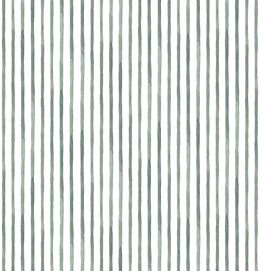 Sage green watercolour stripe wallpaper with a seamless repeat, featuring hand painted vertical stripes on a white background.