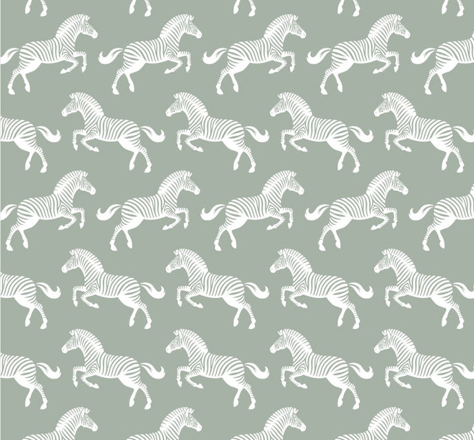 Soft sage green wallpaper featuring a repeating pattern of detailed white zebras.