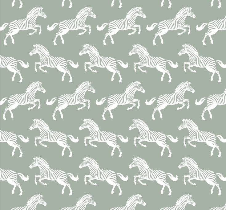 Soft sage green wallpaper featuring a repeating pattern of detailed white zebras.