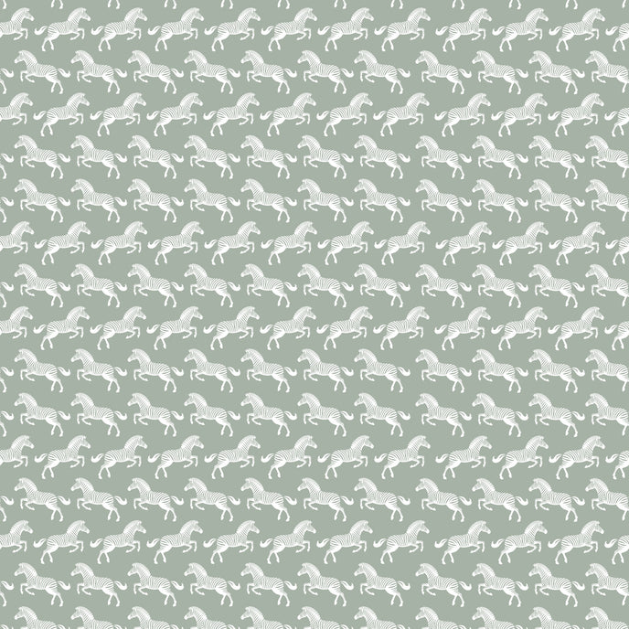 Soft sage green wallpaper featuring a repeating pattern of detailed white 