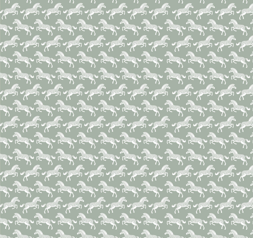 Soft sage green wallpaper featuring a repeating pattern of detailed white 