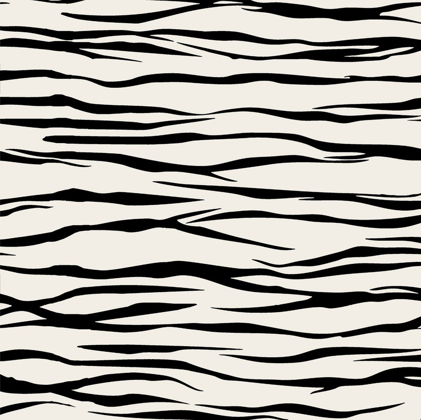 Horizontal zebra stripe wallpaper with a seamless repeat, featuring flowing black stripes on a white background in a bold animal inspired pattern.