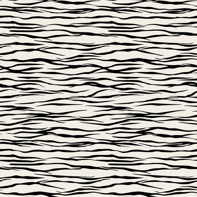 Horizontal zebra stripe wallpaper with a seamless repeat, featuring flowing black stripes on a white background in a bold animal inspired pattern.