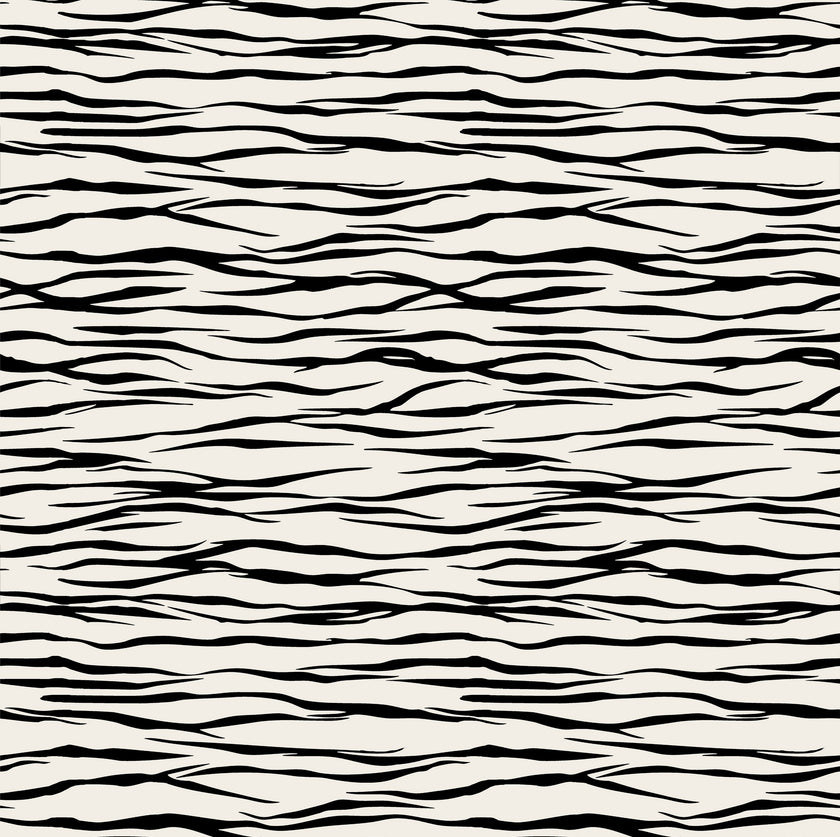 Horizontal zebra stripe wallpaper with a seamless repeat, featuring flowing black stripes on a white background in a bold animal inspired pattern.