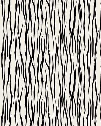 Vertical zebra stripe wallpaper with a seamless repeat, featuring flowing black stripes on a white background in a bold animal inspired pattern.