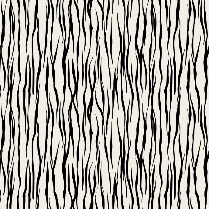 Vertical zebra stripe wallpaper with a seamless repeat, featuring flowing black stripes on a white background in a bold animal inspired pattern.