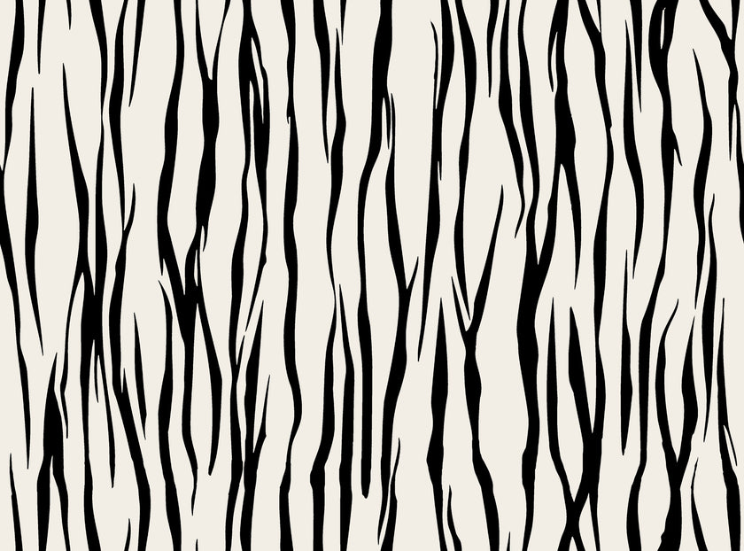 Vertical zebra stripe wallpaper with a seamless repeat, featuring flowing black stripes on a white background in a bold animal inspired pattern.