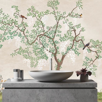 Japanese Tree Pink and Green Mural  -  [Custom printed at R560/m²]