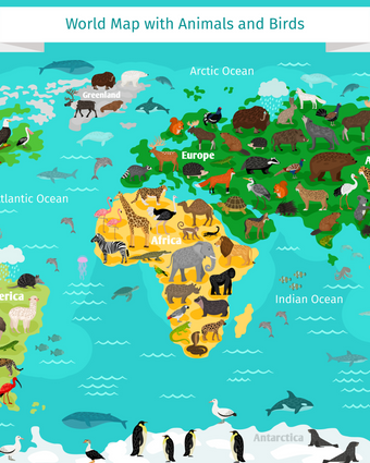 World Map with Animals and Birds  -  [Custom printed at R598/m²]