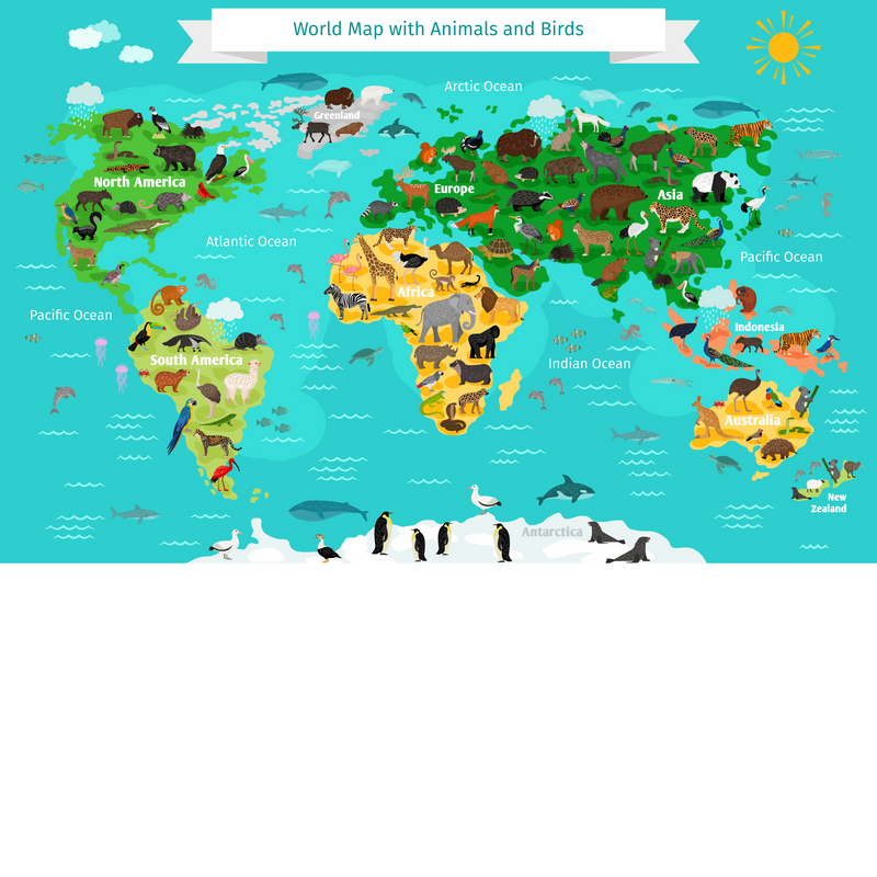 World Map with Animals and Birds  -  [Custom printed at R560/m²]
