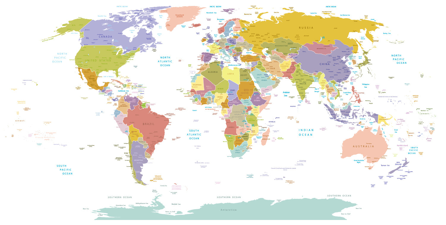 World Map with Colour - [Custom printed at R560/m²] – Sasi Wallpaper