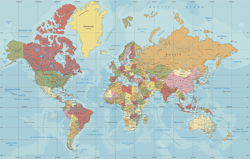 Colourful Political World Map  -  [Custom printed at R560/m²]